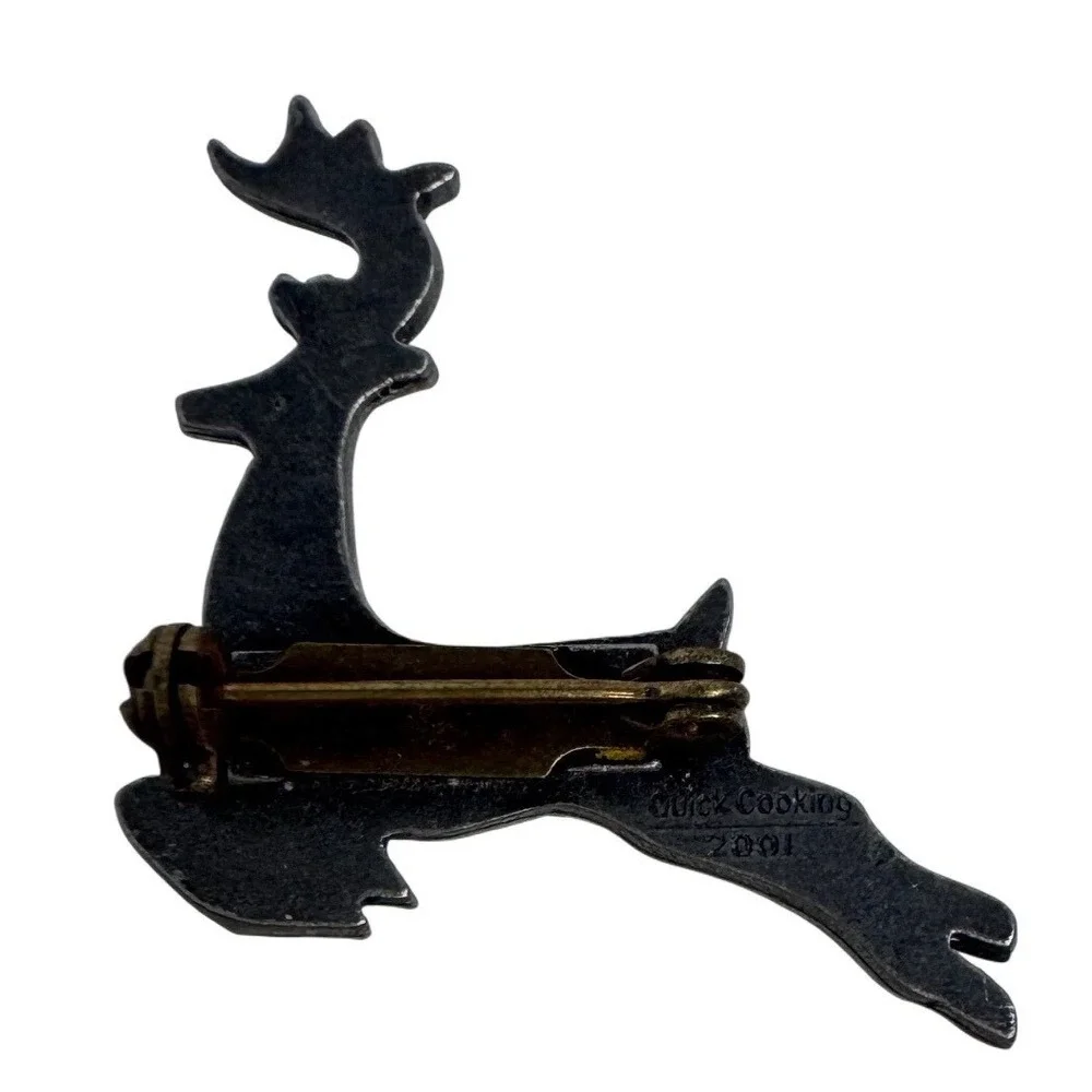 Quick Cooking 2001 Reindeer Pin‎ Vintage Pewter Tone Leaping Christmas Brooch
